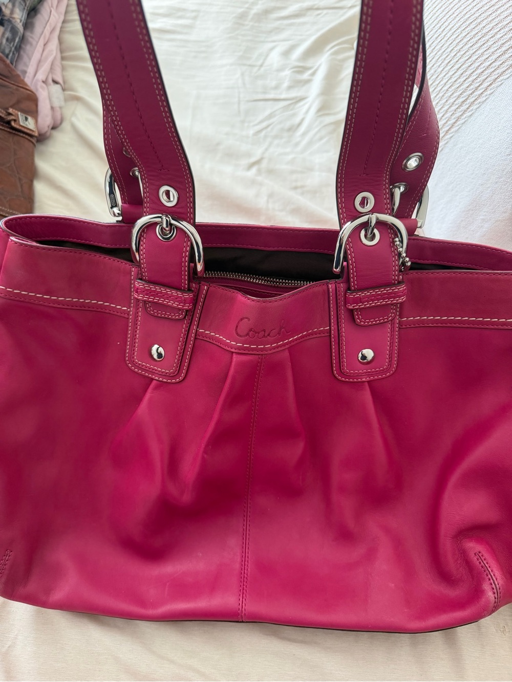 Coach Hot Pink Leather Shoulder Tote with Silver Hardware